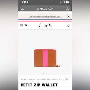 CLARE V. Petit zip wallet. Tan with hot pink stripe.  Interior light blue.